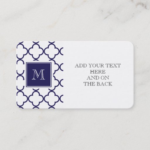 Customizable Navy Blue, White Quatrefoil | Your Monogram Business Card Template