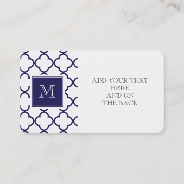 Navy Blue, White Quatrefoil | Your Monogram Business Card (Front)