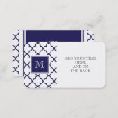 Navy Blue, White Quatrefoil | Your Monogram Business Card (Front/Back)