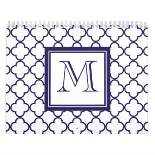 Navy Blue, White Quatrefoil Your Monogram Calendar