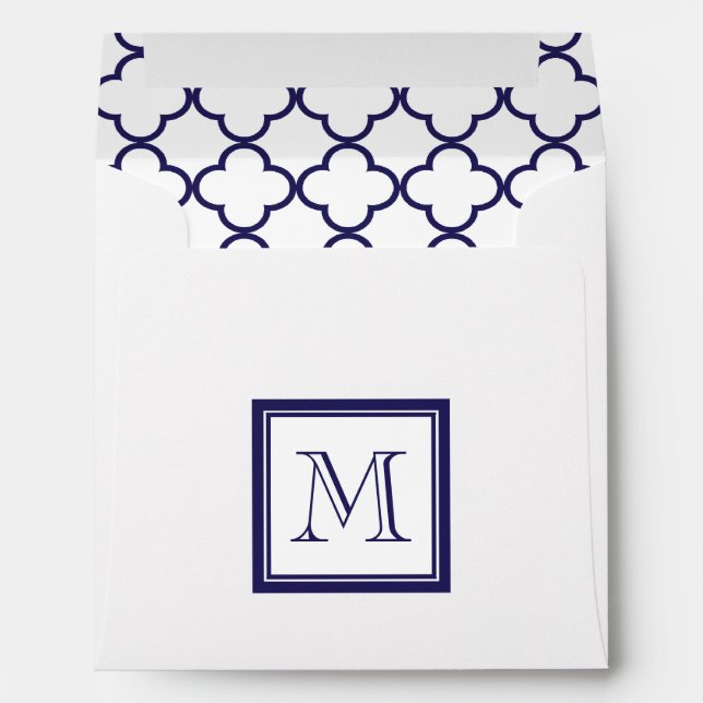 Navy Blue, White Quatrefoil | Your Monogram Envelope (Back (Bottom))