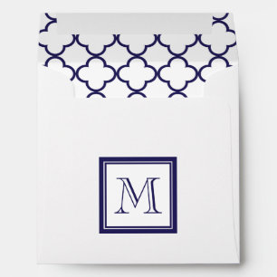 Navy Blue, White Quatrefoil Your Monogram Envelope