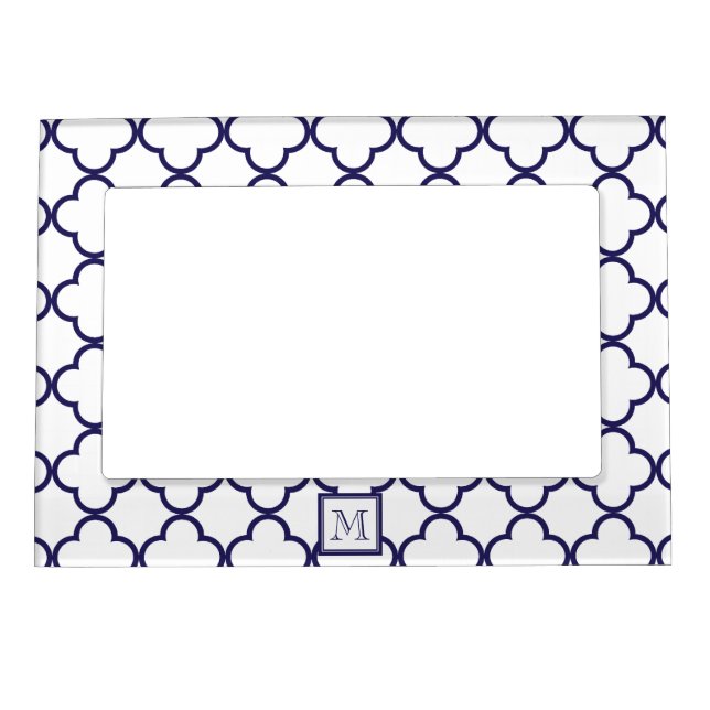 Navy Blue, White Quatrefoil | Your Monogram Magnetic Photo Frame (Front)