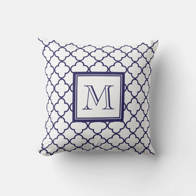 Navy Blue, White Quatrefoil | Your Monogram Throw Pillow (Front)