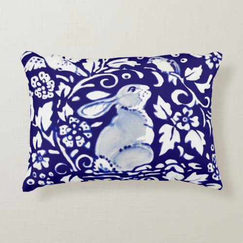 Navy Blue  White Rabbit Bird Floral Dedham Delft Accent Pillow