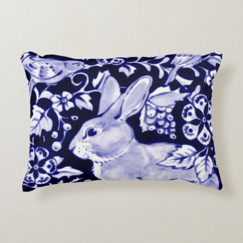 Navy Blue  White Rabbit Bird Floral Dedham Delft Accent Pillow