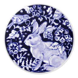 Navy Blue White Rabbit Bird Floral Woodland Bunny Ceramic Knob
