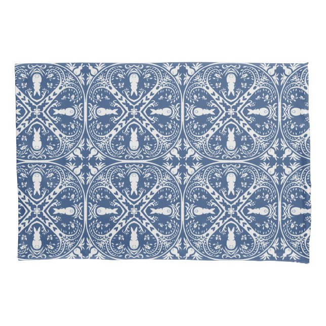 Navy Blue & White Rabbit & Bird Medallion Pattern Pillow Case (Front)