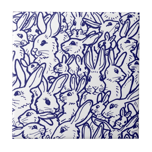 Navy Blue White Rabbit Bunny Drawing Cute Unique Ceramic Tile (Front)