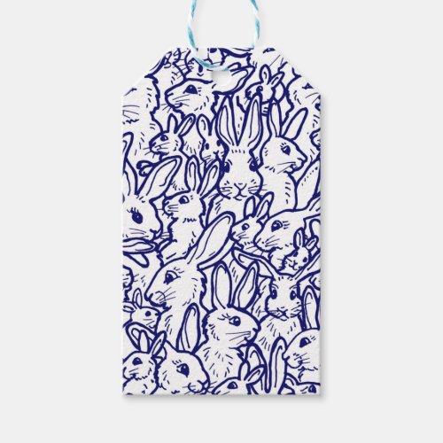 Navy Blue White Rabbit Bunny Drawing Cute Unique Gift Tags