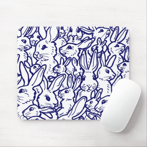 Navy Blue White Rabbit Bunny Drawing Cute Unique Mouse Pad