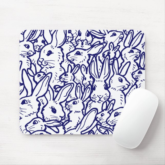 Navy Blue White Rabbit Bunny Drawing Cute Unique Mouse Pad (With Mouse)