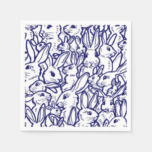 Navy Blue White Rabbit Bunny Drawing Cute Unique Napkins