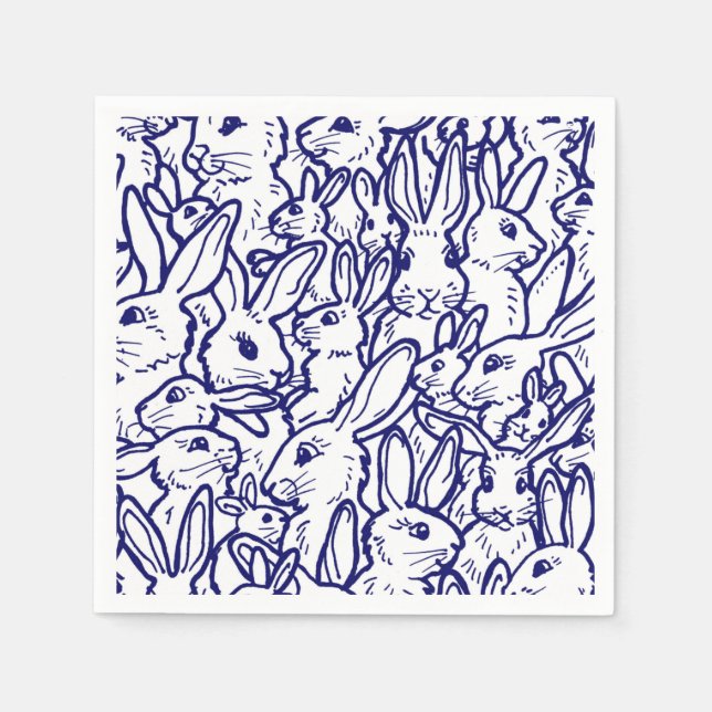 Navy Blue White Rabbit Bunny Drawing Cute Unique Napkins (Front)