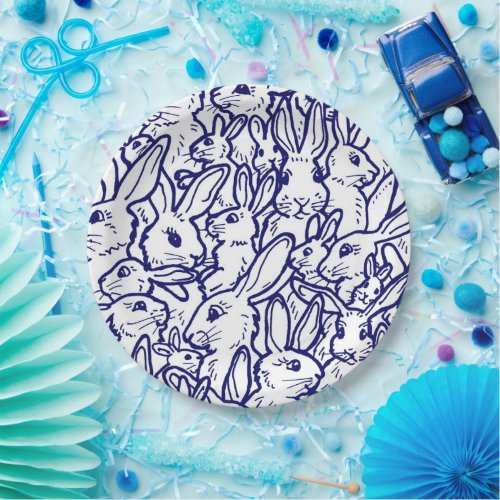 Navy Blue White Rabbit Bunny Drawing Cute Unique Paper Plates