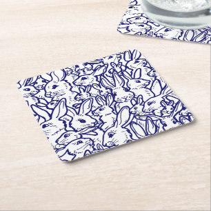 Navy Blue White Rabbit Bunny Drawing Cute Unique Square Paper Coaster