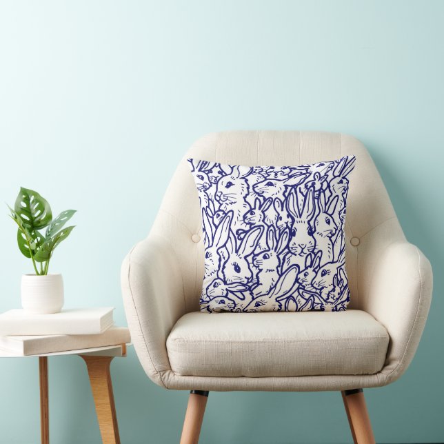 Navy Blue White Rabbit Bunny Drawing Cute Unique Throw Pillow (Chair)