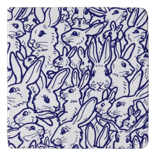 Navy Blue White Rabbit Bunny Drawing Cute Unique Trivet