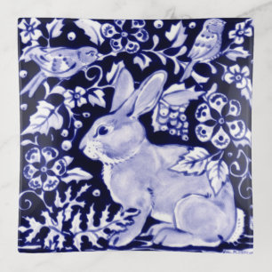 Navy Blue White Rabbit Bunny Elegant Chinoiserie Trinket Tray