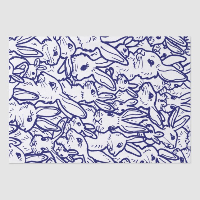 Navy Blue White Rabbit Bunny Large Pattern Tissue Paper (Front)