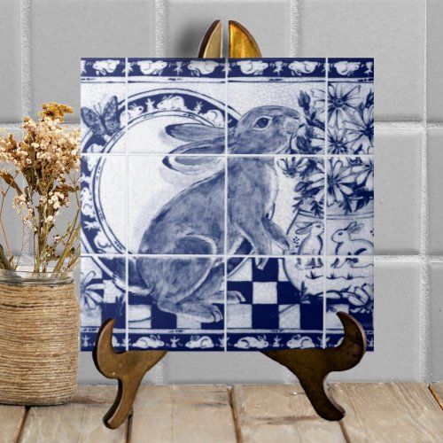 Navy Blue White Rabbit Dedham Pottery Delft Mural Ceramic Tile