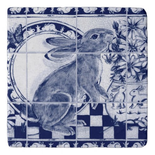 Navy Blue White Rabbit Dedham Pottery Delft Mural  Trivet