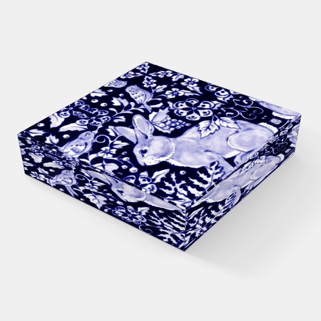 Navy Blue White Rabbit Elegant Chinoiserie Floral Paperweight (Angled)