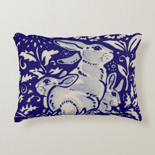Navy Blue White Rabbit FamilyFloral Dedham Delft Accent Pillow