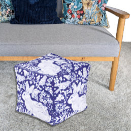Navy Blue White Rabbit Floral Chinoiserie Pouf