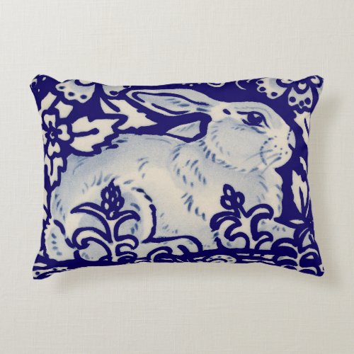 Navy Blue  White Rabbit Floral Dedham Delft Accent Pillow