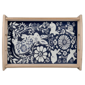 Navy Blue White Rabbit Floral Folk Scandinavian Se Serving Tray