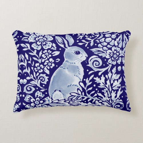 Navy Blue White Rabbit Floral Forest Dedham Delft Accent Pillow