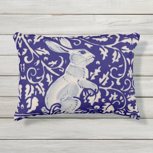 Navy Blue White Rabbit Floral Scrolls Dedham Delft Outdoor Pillow