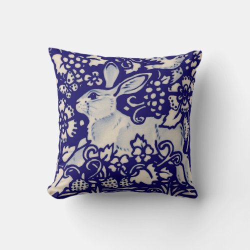 Navy Blue White Rabbit Hare Bird Chinoiserie Art Throw Pillow