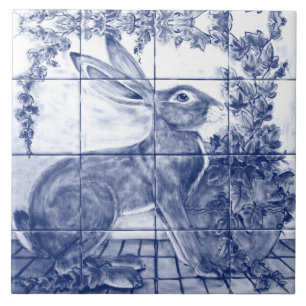 Navy Blue White Rabbit Hare Ivy Ceramic Tile Mural