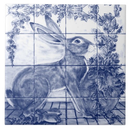 Navy Blue White Rabbit Hare Ivy Mural Ceramic Tile