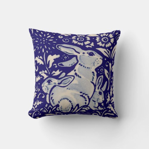 Navy Blue White Rabbit Mother  Babies Chinoiserie Throw Pillow