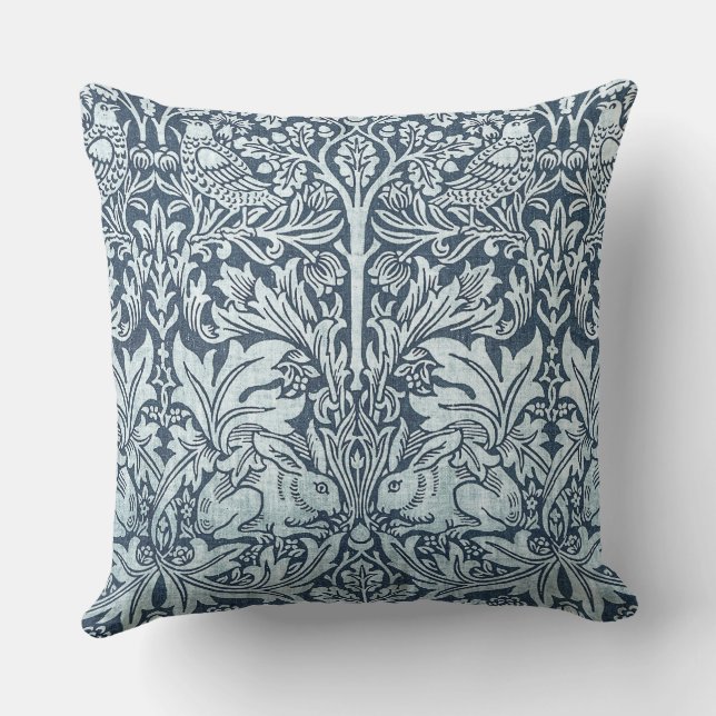 Navy Blue White Rabbit William Morris Throw Pillow (Back)