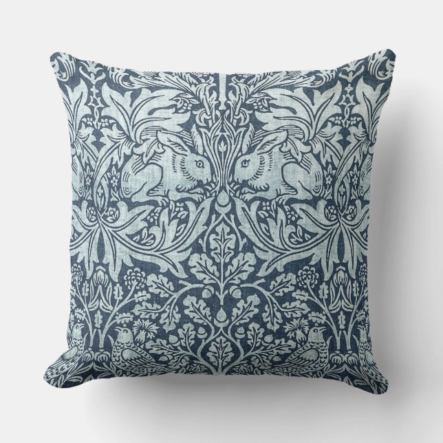 Navy Blue White Rabbit William Morris Throw Pillow (Front)