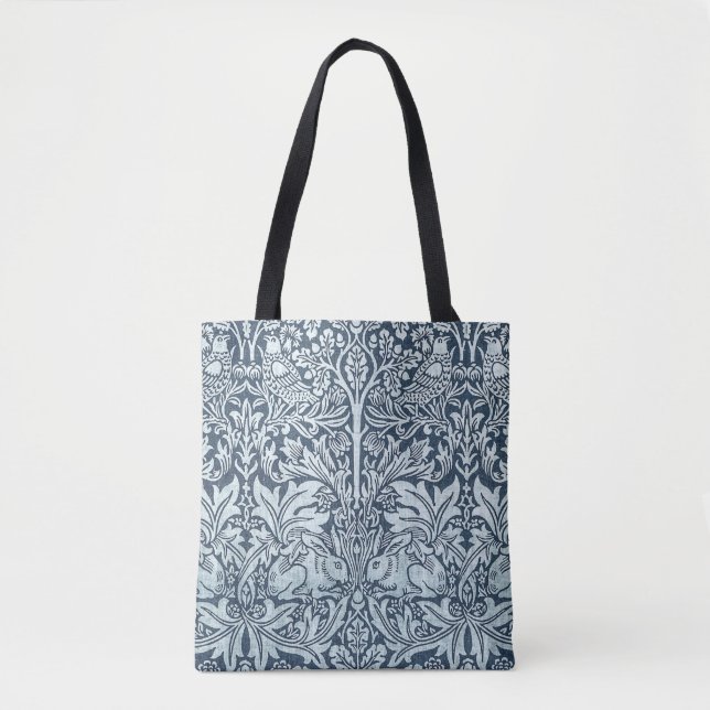 Navy Blue White Rabbit William Morris Tote Bag (Front)