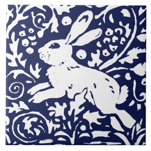 Navy Blue White Rabbit Woodland Animal Foliage Ceramic Tile (Front)