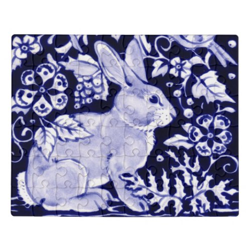 Navy Blue White Rabbit Woodland Elegant Animal Art Jigsaw Puzzle