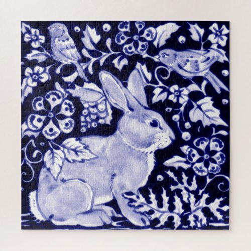 Navy Blue White Rabbit Woodland Elegant Animal Art Jigsaw Puzzle