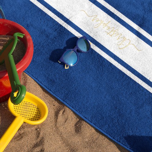Navy Blue White Racing Stripes Gold Monogram Pool Beach Towel