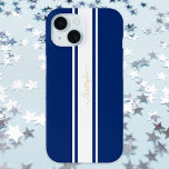 Navy Blue White Racing Stripes Gold Monogrammed iPhone 15 Case<br><div class="desc">Create your own custom, personalized, cool, classy, stylish, classic, navy blue and white racing stripes design, faux gold typography / script monogram, chic, sleek, stylish, form-fitting, featherlight, trendy, slim profile, lightweight, impact resistant, durable hard plastic, glossy finish Apple iPhone case. To customize, simply type in your name / monogram /...</div>