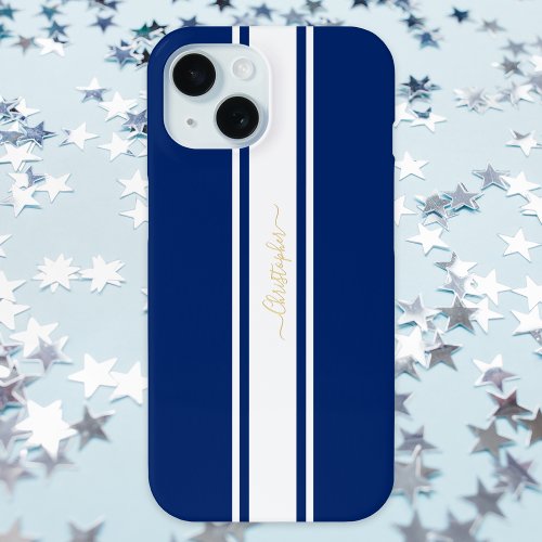 Navy Blue White Racing Stripes Gold Monogrammed iPhone 15 Case