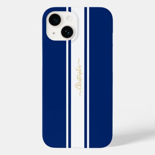 Navy Blue White Racing Stripes Gold Monogrammed Case_Mate iPhone 14 Case