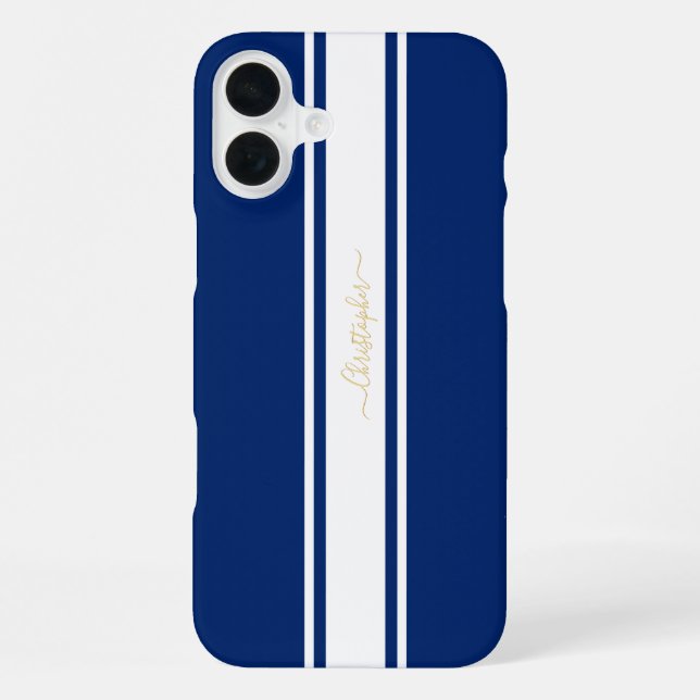 Navy Blue White Racing Stripes Gold Monogrammed iPhone Case (Back)