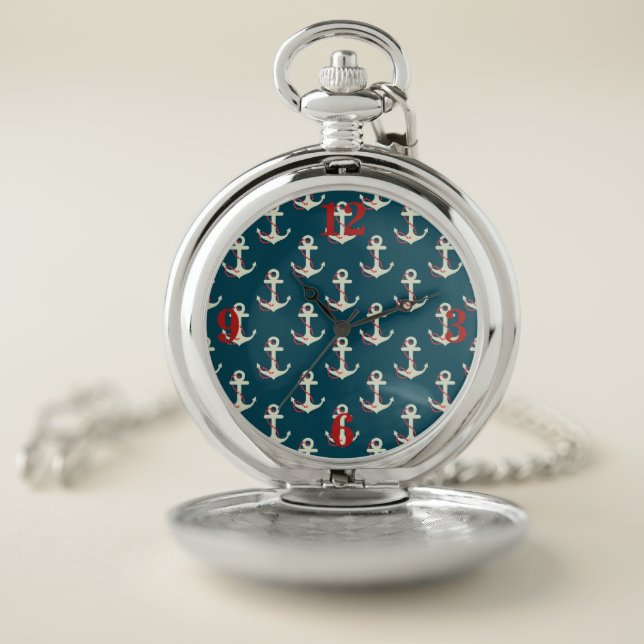 Navy Blue, White, Red Anchors, Rope Pocket Watch (Inside)