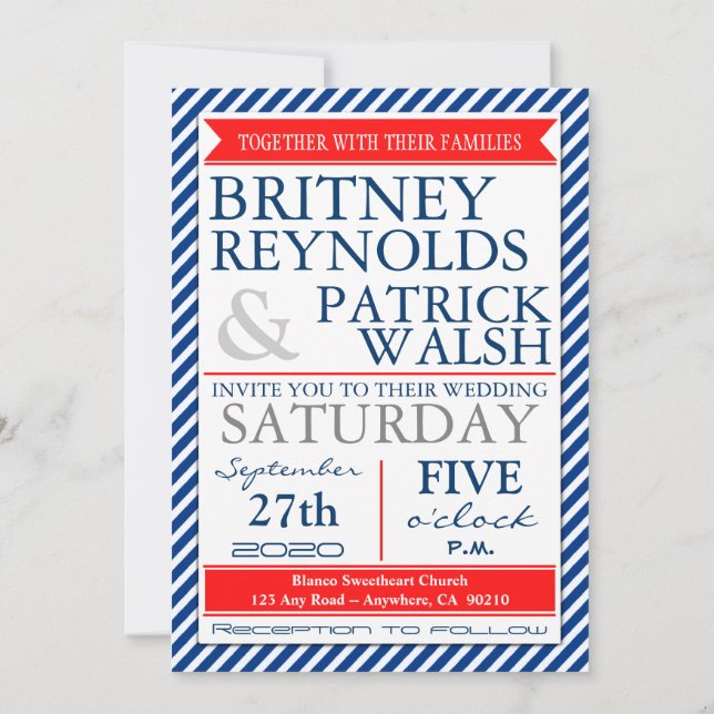 Navy Blue White Red Nautical Wedding Invitations (Back)